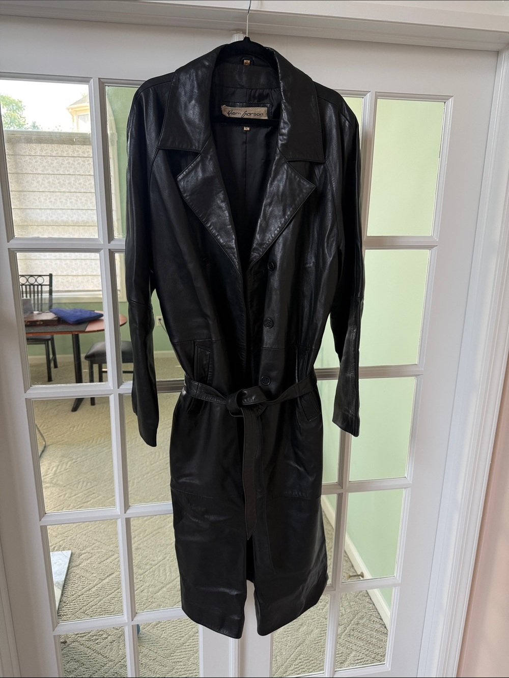 Rem Garson Black Leather Trench Coat with Belt